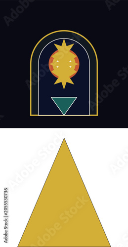 A minimalist golden yellow isosceles triangle with thin black borders isolated on a white background.