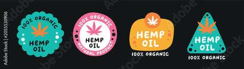 Hemp Oil Organic Product Quality Certification Badge Set, vector illustration.