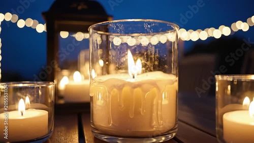 Evening outdoor patio table with glowing candles and string lights at dusk