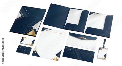 Corporate stationery branding set with dark blue and gold elegant geometric corner design elements on white paper documents business cards and envelopes for professional company identity presentation