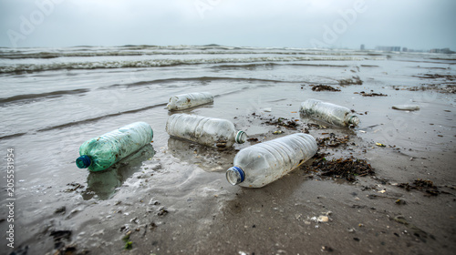 Plastic bottles littering the shoreline, highlighting the urgent need for environmental conservation and pollution awareness.