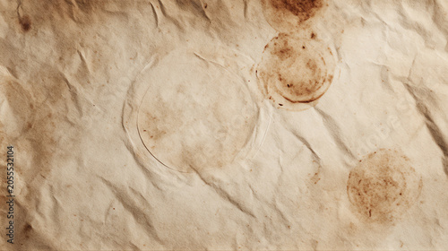 Textured background featuring circular stains on crumpled paper, perfect for artistic and creative design projects.