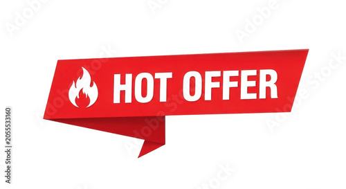 Red hot offer ribbon banner with flame icon isolated on transparent background