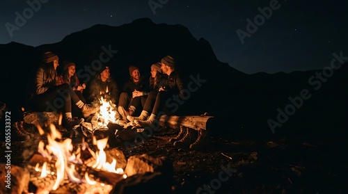 Group of friends sitting around a campfire in the mountains at night