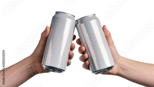 Foto Isolated two hands clinking blank silver aluminum cans together for a celebrator