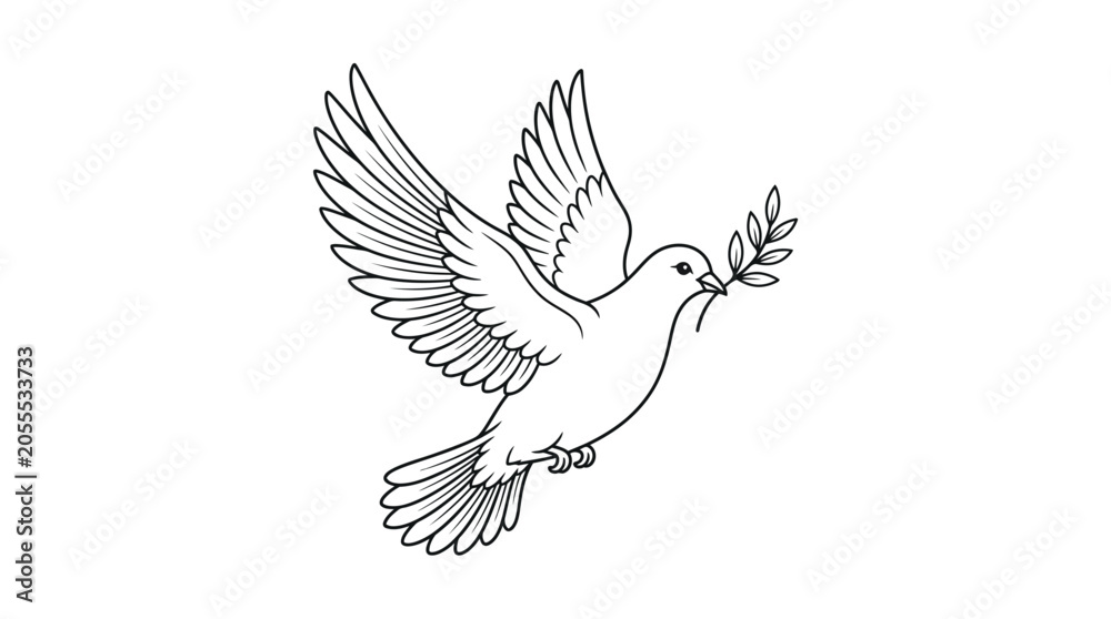 Fototapeta premium Flying dove carrying olive branch peace line art illustration.