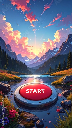 Majestic landscape with prominent red start button