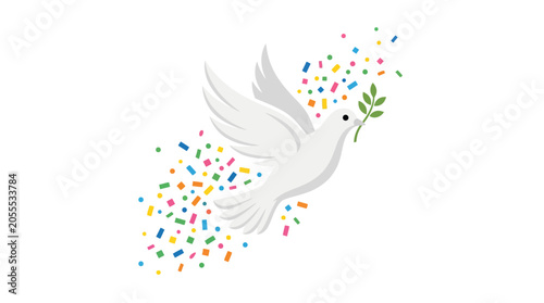 Φωτογραφία White dove with olive branch and colorful confetti decoration.