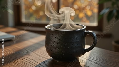 Slow motion rising steam from black coffee in matte ceramic mug