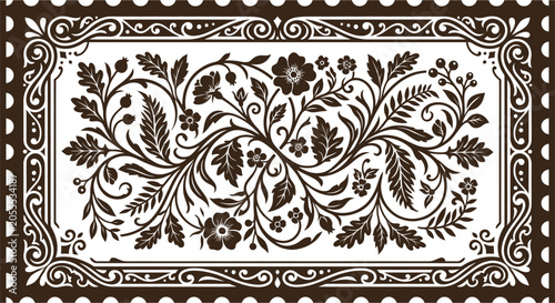 Cuadro en lienzo Floral ornament with swirling vines and blossoms brown on white background