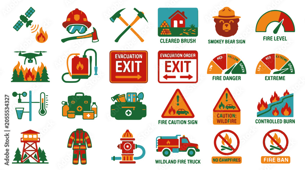 Naklejka premium Wildfire Prevention Safety Icons for Firefighting and Awareness