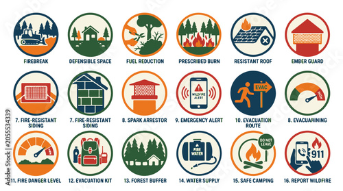 Foto Wildfire Prevention Safety Icons Illustrating Firebreaks Evacuation Kits and Mor