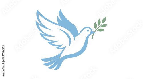 Simple blue dove silhouette carrying a green olive branch.