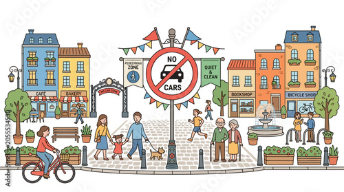 Pedestrian street scene in a designated car-free zone.