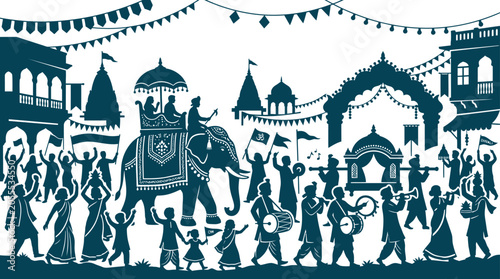 Traditional Indian festival procession with elephants and dancers.