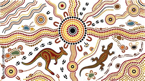 Aboriginal dot painting style art with kangaroo and lizard.