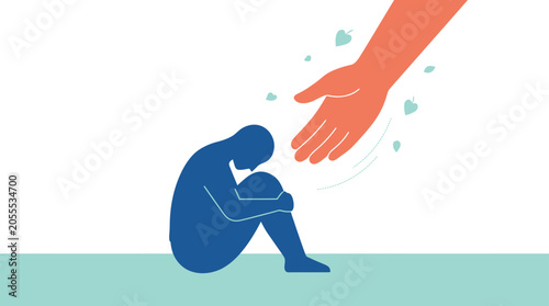 Helping hand reaching out to a depressed person sitting alone.