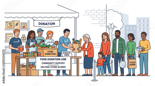 Community food donation event with volunteers and people queuing.