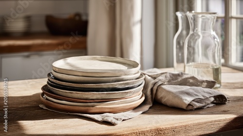 Stacked plates, glassware, and linen napkin on a sunlit wooden table near a window