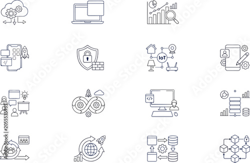 Technology and software development line icon set featuring cloud computing devops infinity loop database blockchain data analysis smart home internet of things vector (24 words)