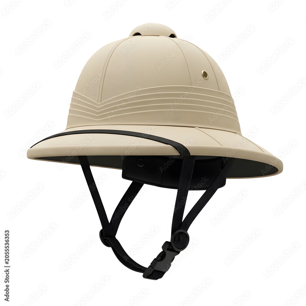 Fototapeta premium Military pith helmet with black chin strap and wide brim
