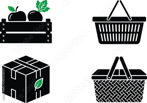Quadro su tela Grocery shopping and eco delivery black icon set featuring wooden produce crate