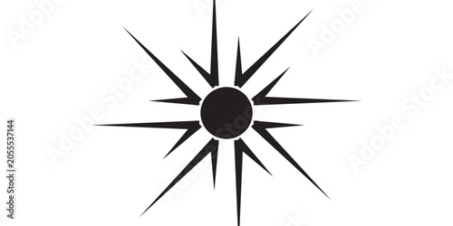 Black Sun Icon with Sharp Rays on White Background