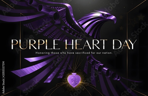Purple Heart Day Remembrance Poster with Floral Design in Dark Background