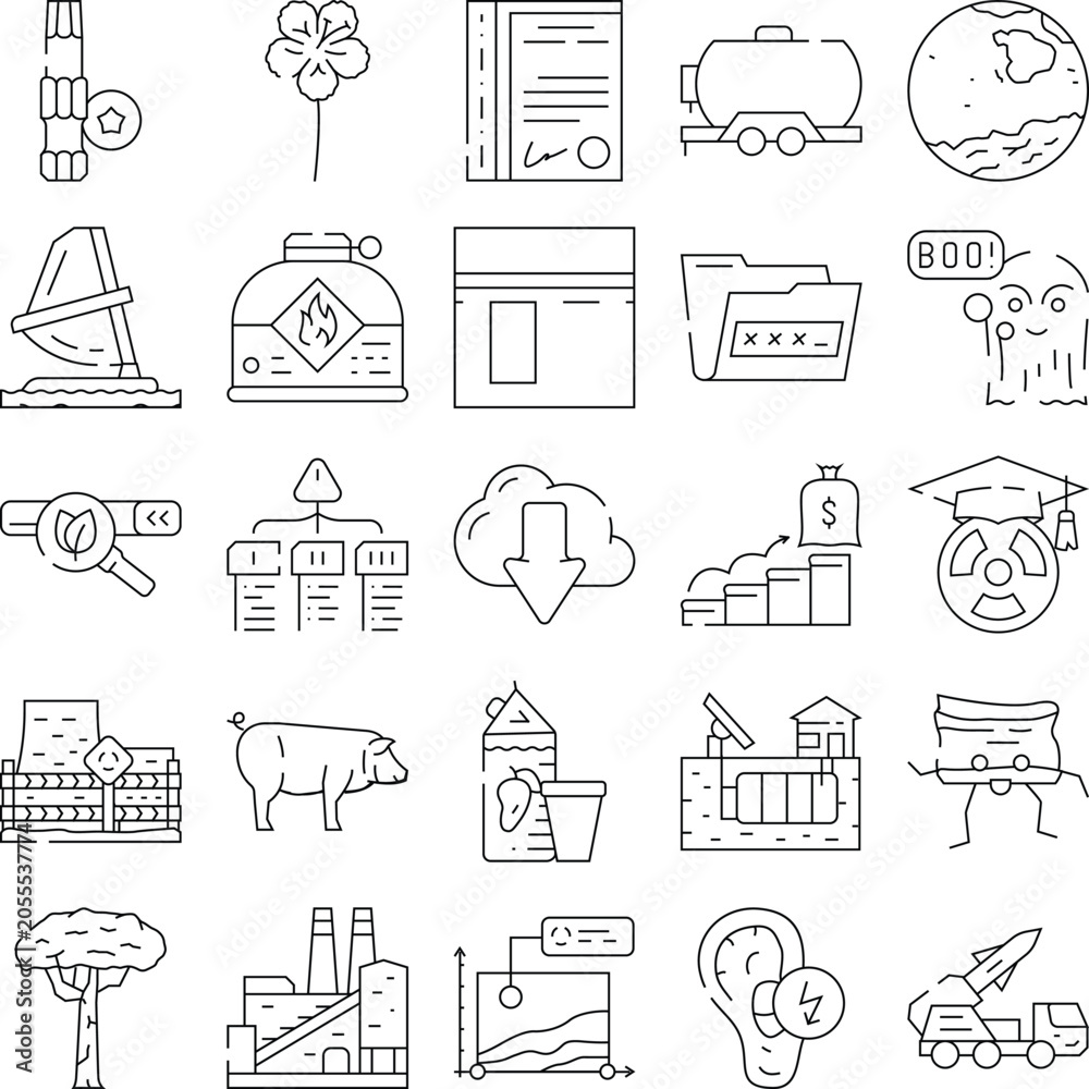 Fototapeta premium Featuring a variety of outline symbols including windsurfing, a factory, a globe, a ghost, a pig, nuclear education, financial growth, and cloud computing for modern concepts