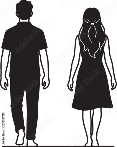 Canvas Print Silhouette of man in casual clothes and woman in knee-length dress, minimalist a