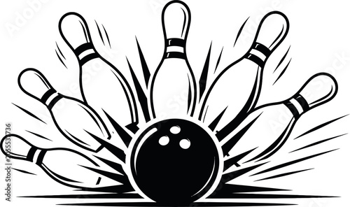 Schilderij op canvas Black bowling ball hitting pins isolated on transparent background