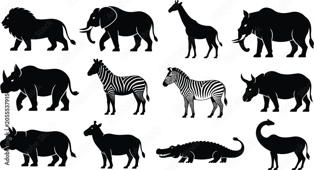Fototapeta premium African animal silhouettes lion elephant giraffe hippo rhino zebra crocodile wildlife black vector illustration savanna nature design collection