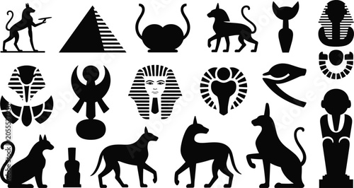 Photos Ancient Egyptian silhouettes collection, pharaoh pyramids scarab vector, mytholo