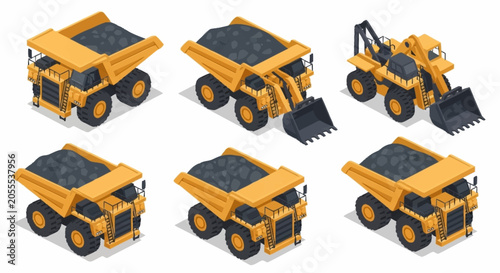 Collection of yellow construction dump trucks in isometric style.