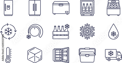 Schilderij op canvas Refrigeration and commercial freezer line icon set featuring refrigerator chest