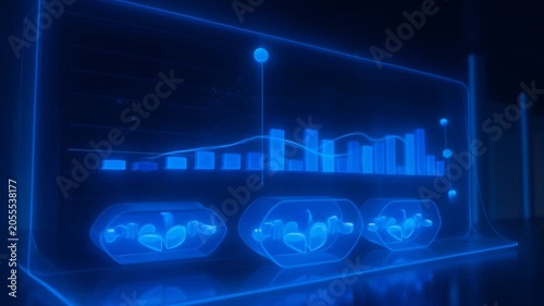 Futuristic digital financial data visualization with animated blue bar charts and growth graphs
