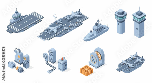 Isometric illustration of military ships, aircraft, and radar equipment.