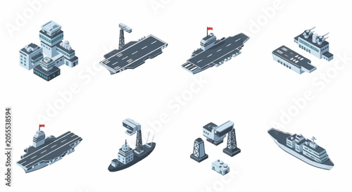 Fotografie Isometric illustration of various modern military ships and aircraft carrier