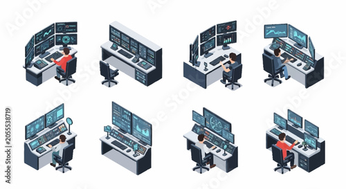 Isometric view of modern office workstations with multiple monitors.
