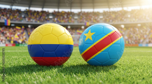 Two Soccer Balls with Flags of Colombia and DR Congo on a Football Pitch in Stadium