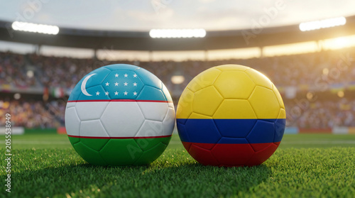 Uzbekistan vs. Colombia Football Match: Two National Flag Soccer Balls on a Stadium Field