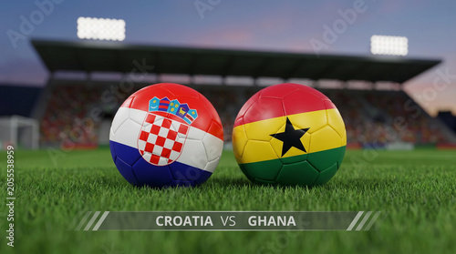 Croatia vs Ghana Soccer Matchup: Two National Flags on Footballs on a Lush Green Field in a Stadium