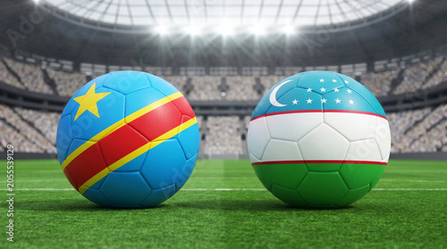 Two Footballs with National Flags of DR Congo and Uzbekistan on a Stadium Field