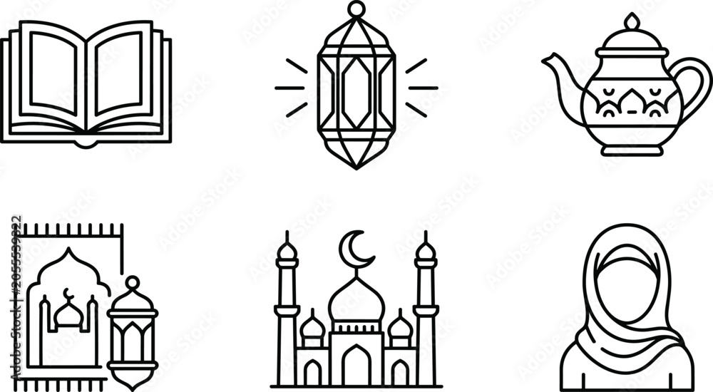 Naklejka premium Islamic icons Quran lantern teapot prayer rug mosque headscarf religion culture worship black vector illustration design collection for stock image