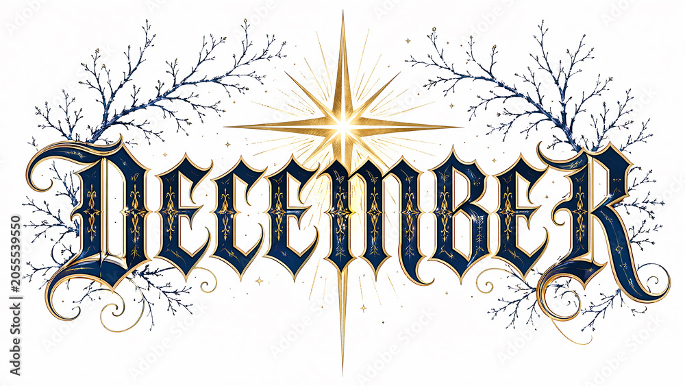 Fototapeta premium December Ornate Lettering with Star and Branches