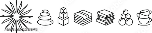 Stacked icons starburst stones cubes towel books spheres teacups geometric everyday objects black vector illustration design collection for stock