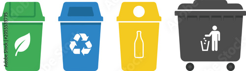Foto Waste sorting and recycling bin icon set featuring green organic blue plastic ye