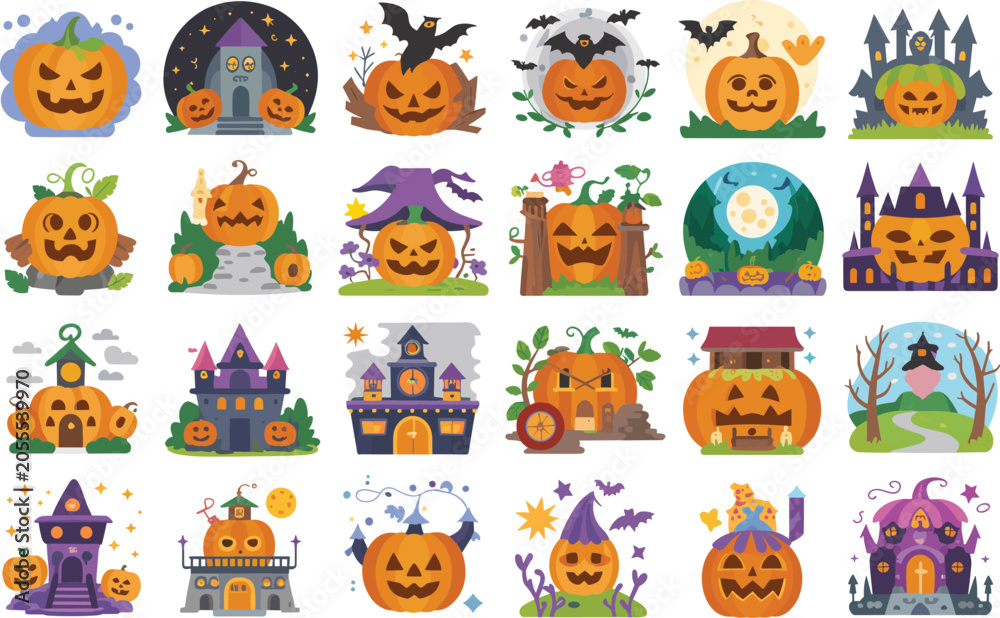 Fototapeta premium Haunted pumpkin house illustrations featuring spooky halloween scenes and dark castles