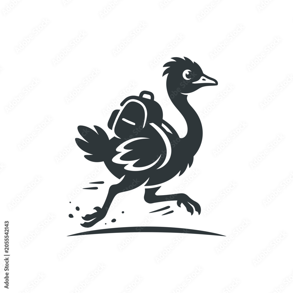 Fototapeta premium Fast emu bird wearing backpack running on travel adventure