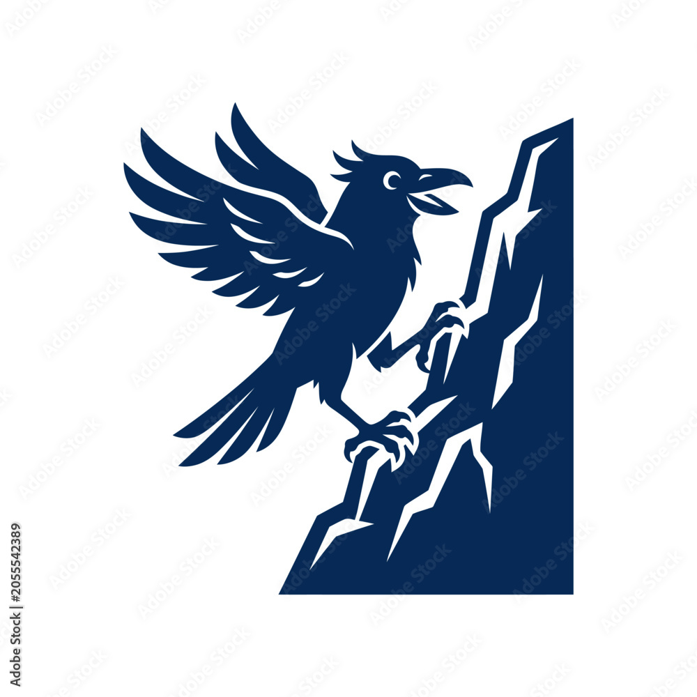 Fototapeta premium Stylized black crow perched on jagged cliff mountain edge.
